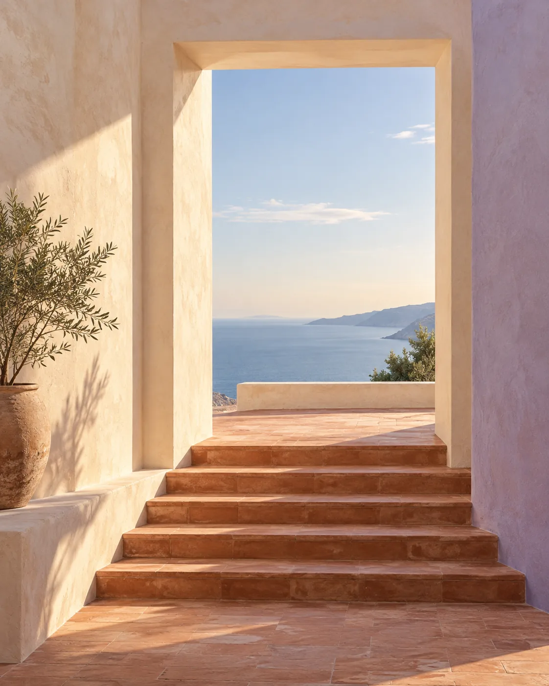 Sunlit terracotta steps through a cream doorway toward an open blue horizon.